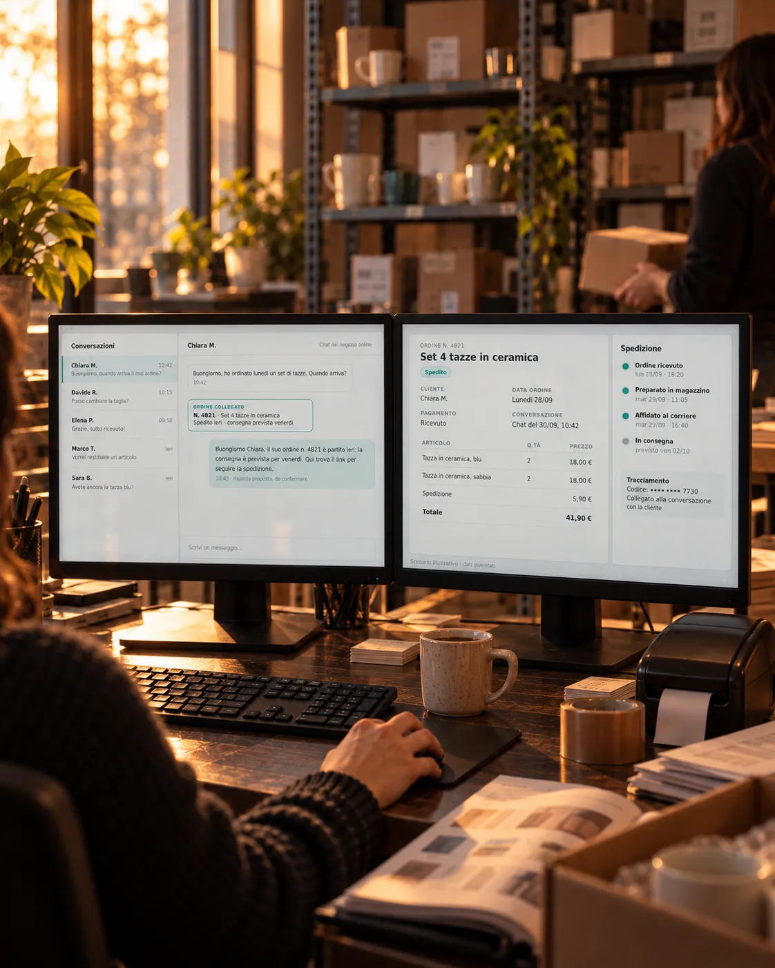 Due schermi in un magazzino eCommerce: conversazioni, ordini e spedizioni collegati