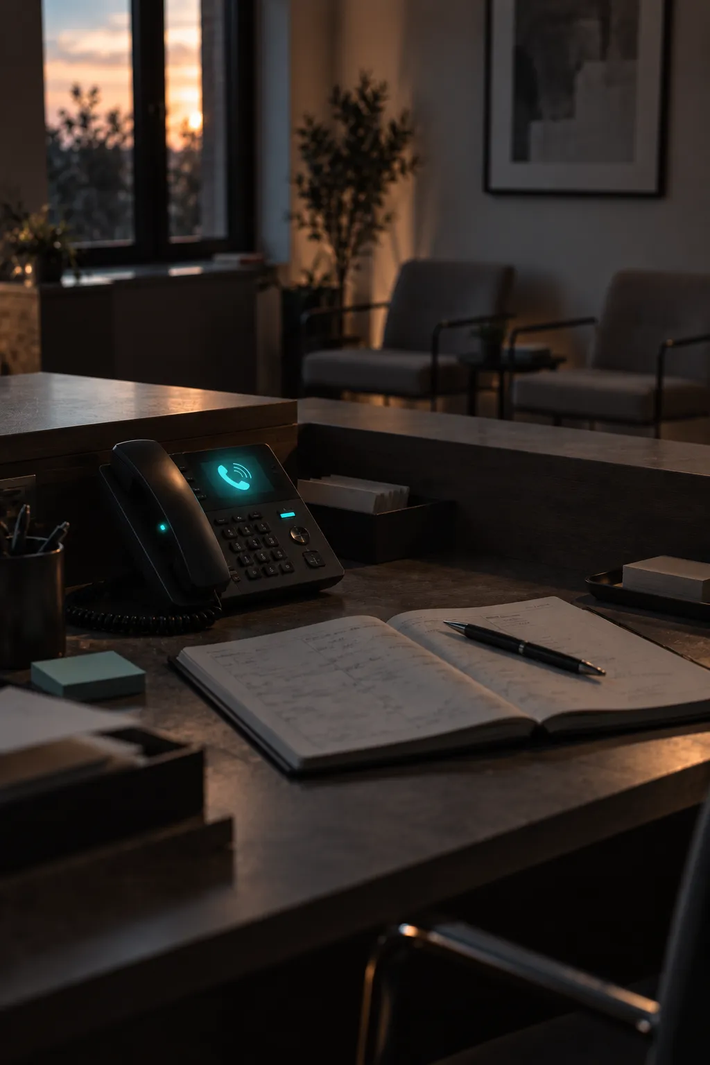 Reception vuota, il telefono che squilla accanto all’agenda