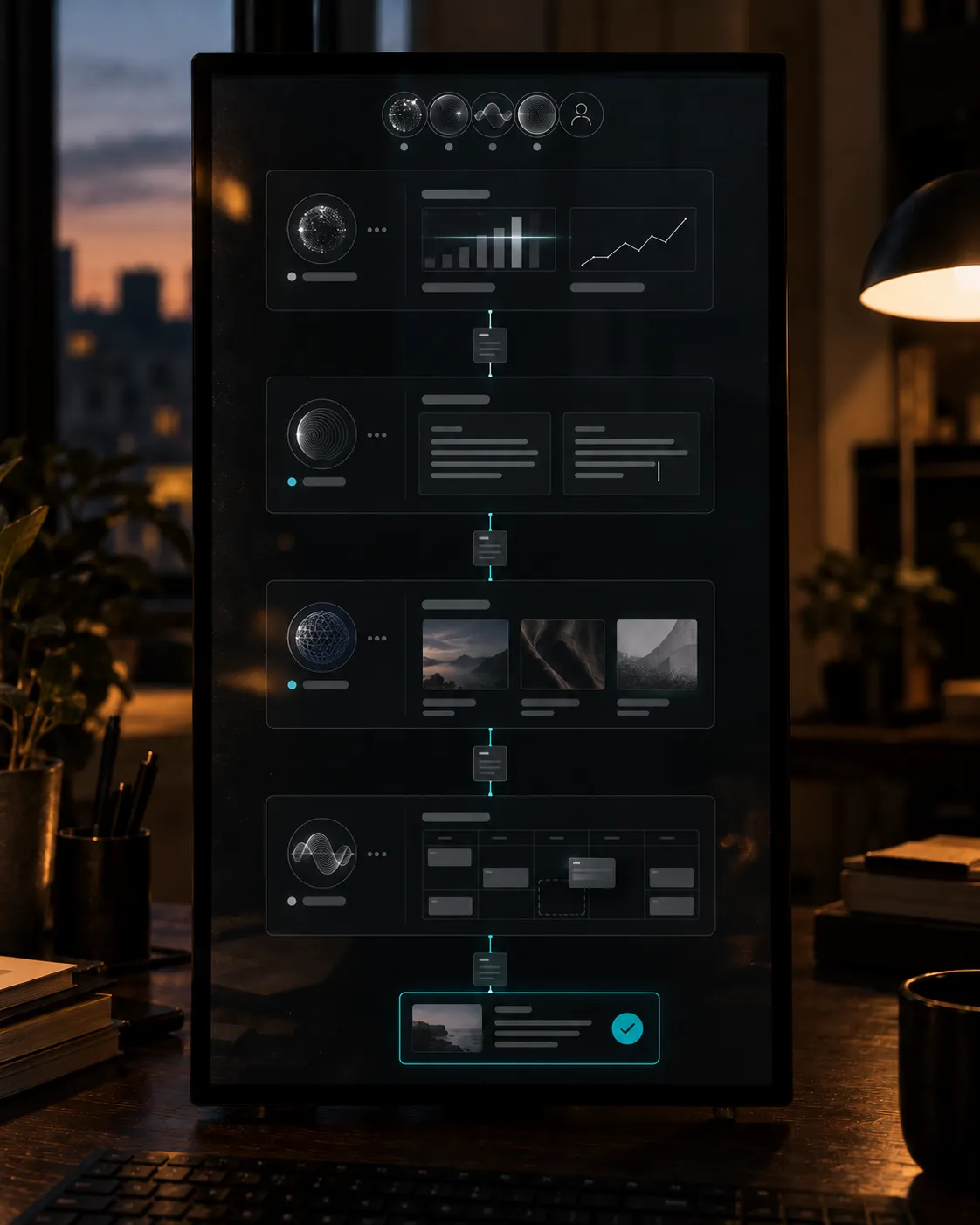 Monitor verticale con gli agenti di marketing in fila