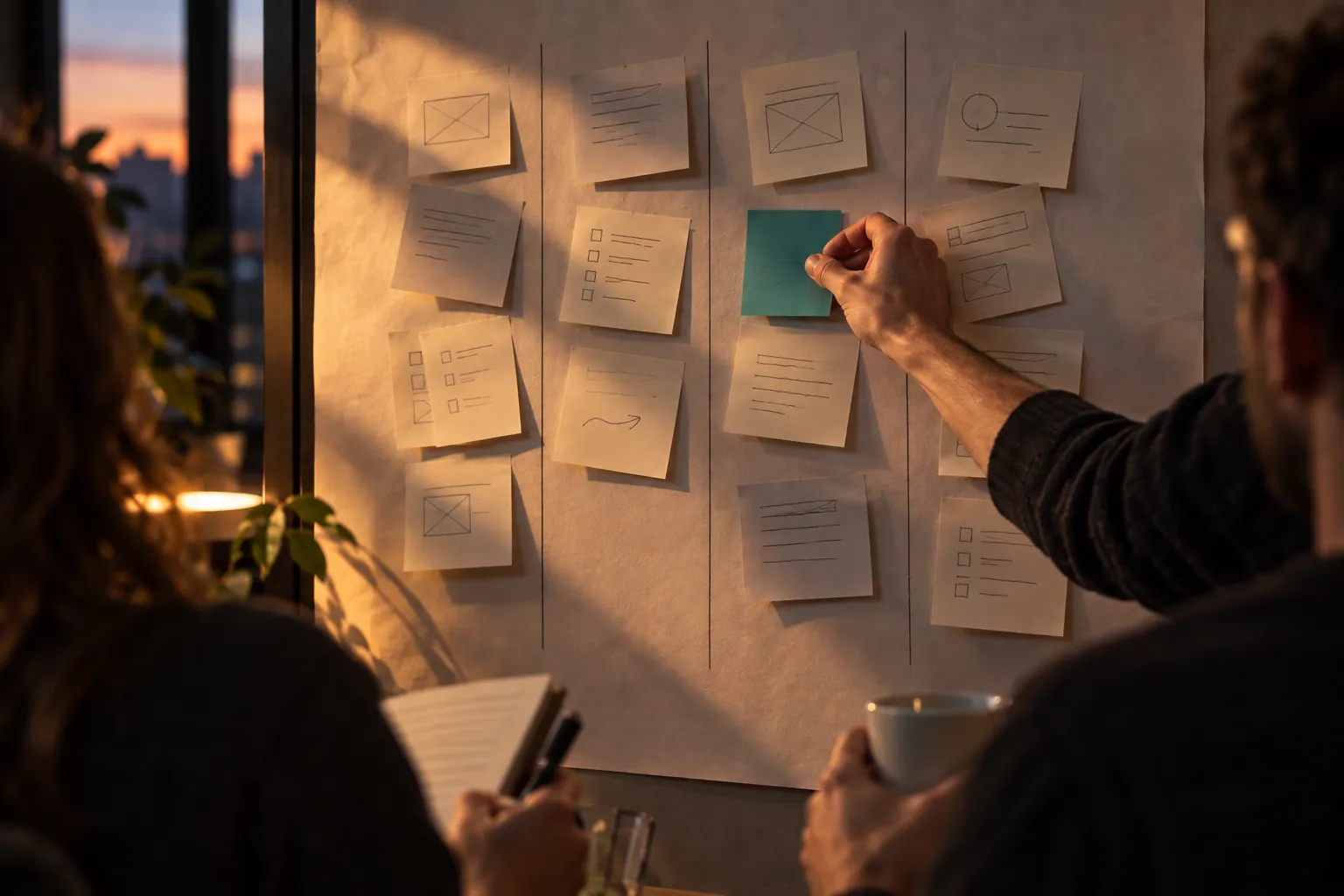 Parete di post-it in quattro colonne, due persone di spalle