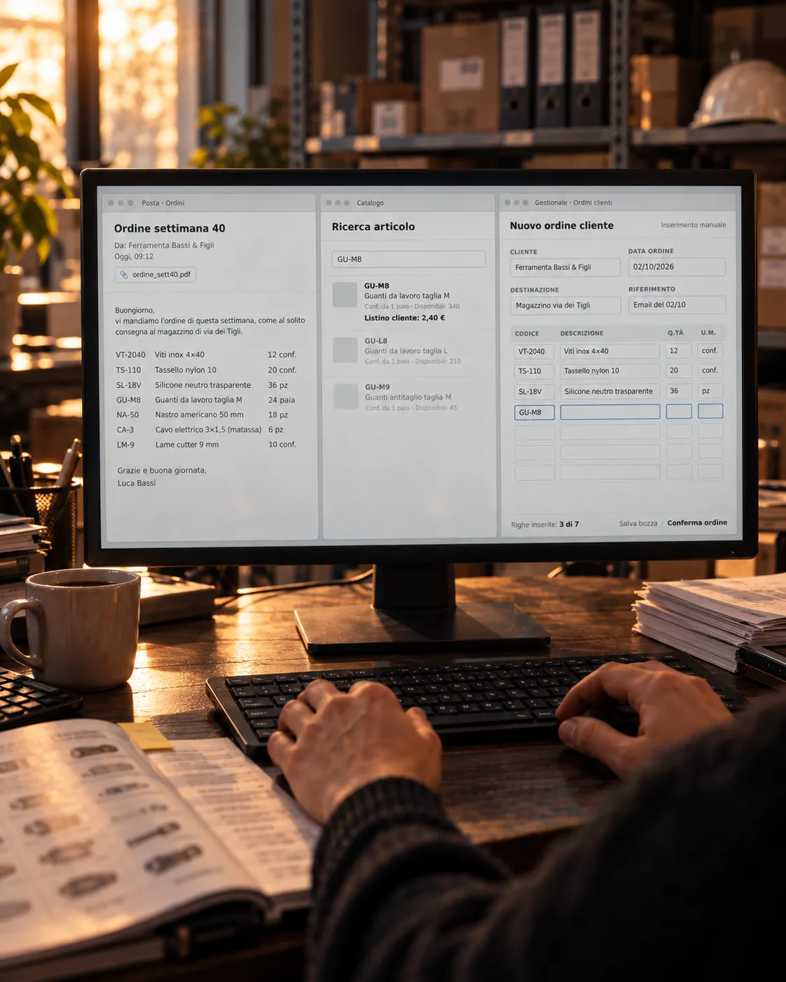 Ufficio ordini: una richiesta commerciale che passa da email, catalogo e gestionale sullo schermo