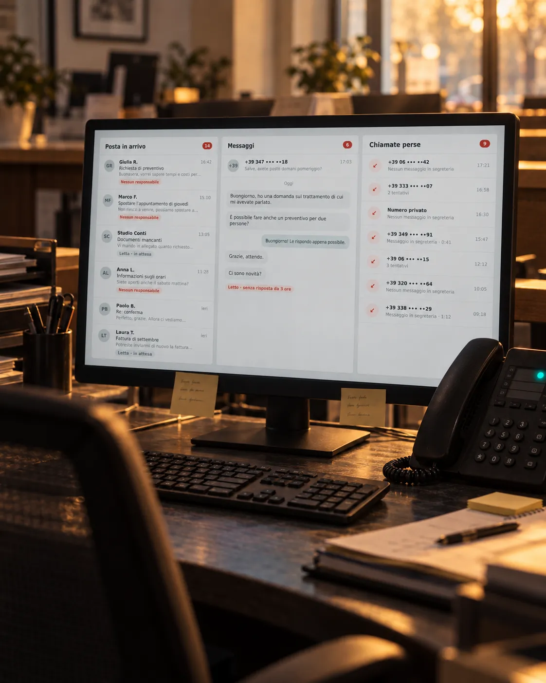 Monitor con posta, messaggi e chiamate perse, la sedia vuota