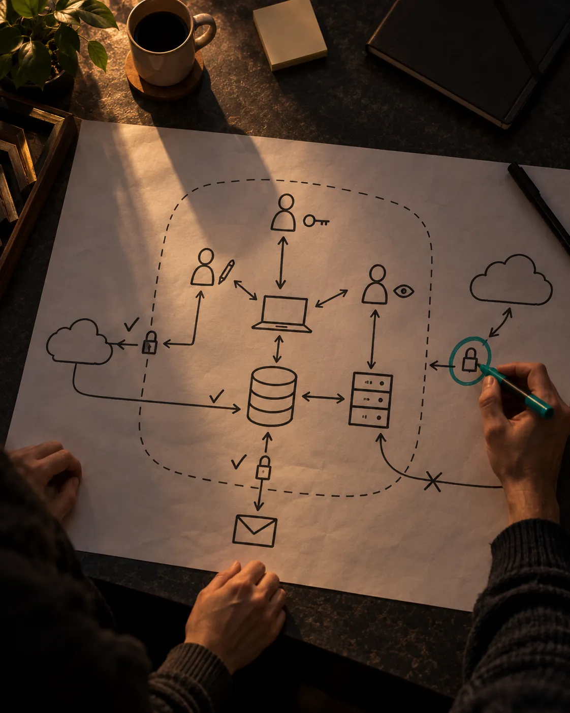 Lo schema del sistema di un cliente disegnato a mano: persone, accessi, dati e servizi esterni, con i passaggi cerchiati
